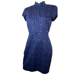 Sz 44 Shanghai Tang Cotton Bird Print Mini Dress Qipao Blue